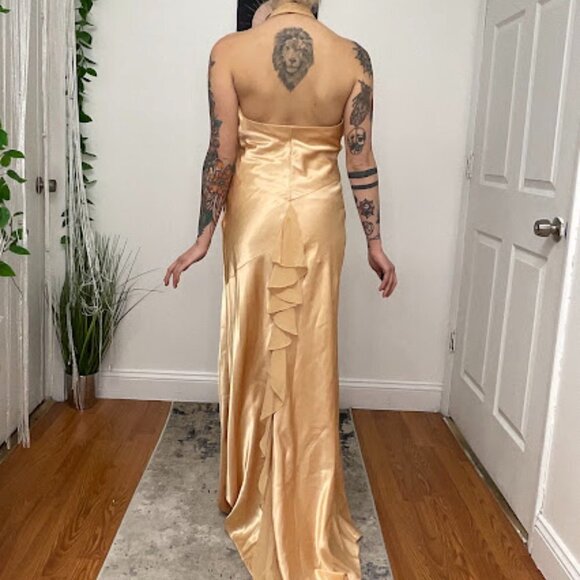 Y2K Vintage Rhinestone Satin Halter Prom Maxi Dress Sleeveless Size M Gold - Picture 4 of 14